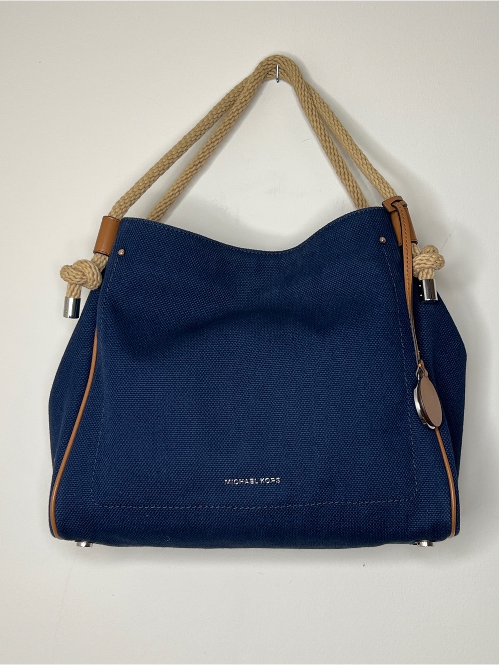 Michael Kors Navy Canvas Tote with Rope Handles and Tan Trim